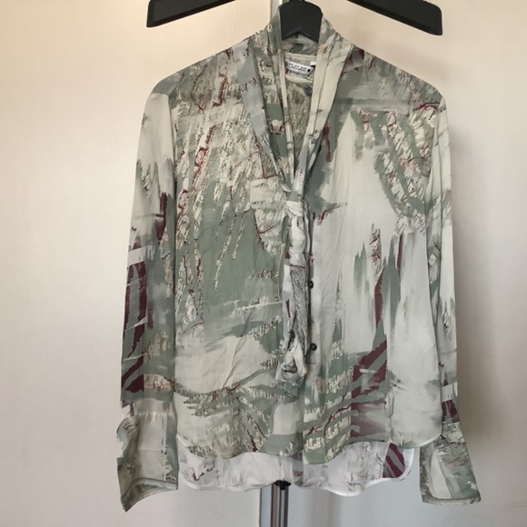 Zara ZW Collection Printed Tied Shirt Blouse Green Burgundy Mulicolored Small - Picture 4 of 11